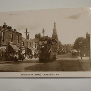 Postcards = Lancashire , Street scene with view of a tram in Levenhulme STOCKPORT c.1915